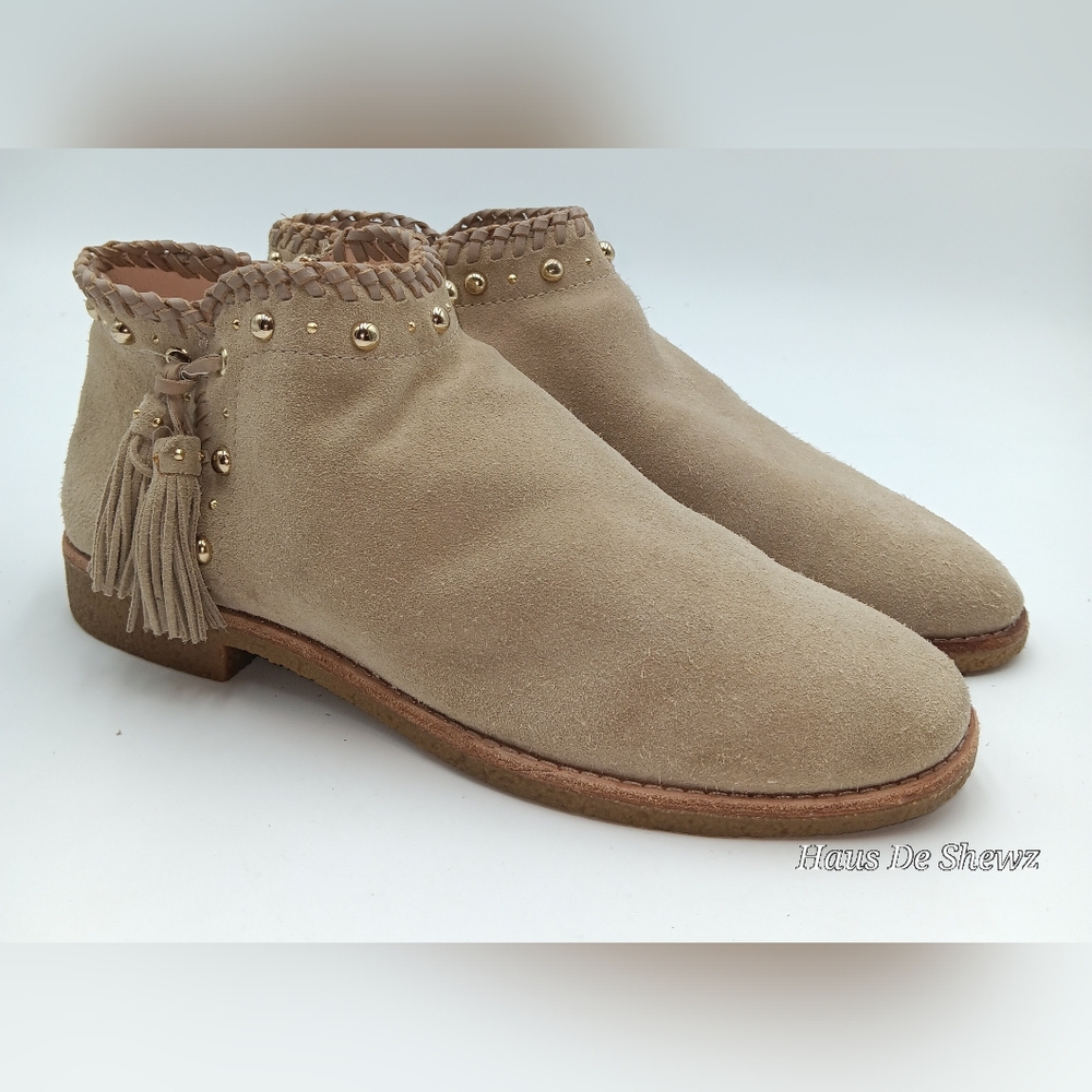 Kate Spade Bowie Bootie Womens 10 Desert Suede Tassel Low Heel Boho Gold Studs
